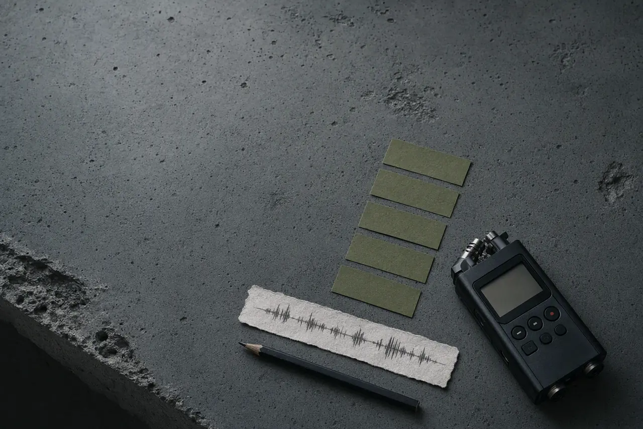 Grabadora sin marca, tira de audio dibujada, lápiz y cinco pestañas verdes sobre una mesa de hormigón